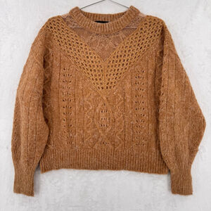 Express Tan Wool Blend Cable Knit Sweater with Sheer Lace Neckline Puff Sleeves